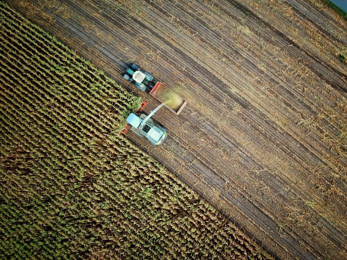 Aerial view of agricultural machinery working in a field